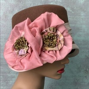 Custom taupe brown white pink wool cloche hat